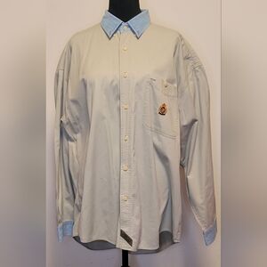 Classic Beige Button-Down Shirt with Blue Accents